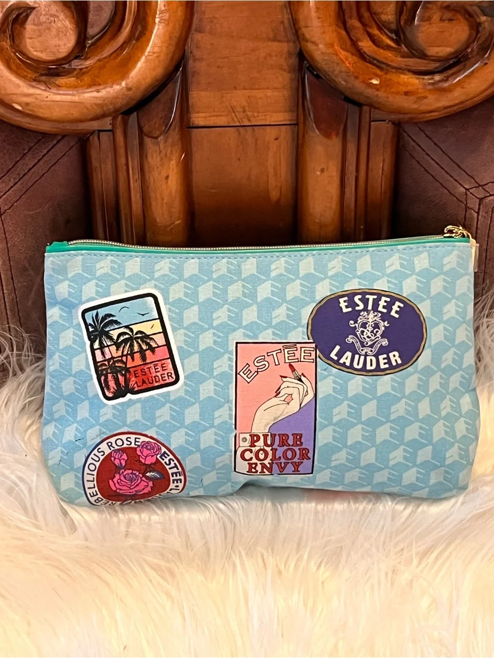 Estee Lauder NWOT Light Blue Patchwork Cosmetic Pouch